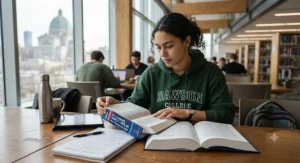 A CEGEP student flipping through a French-English dictionary while studying in a modern college library in Montreal.