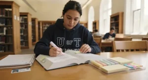 A Canadian university student studying in a campus library using a textbook highlighter and sticky note set for university coursework.