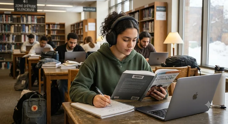 A student wearing noise-cancelling headphones while studying quietly in a CEGEP library in Quebec.