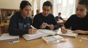University students collaborating over textbooks using a textbook highlighter and sticky note set for group projects.