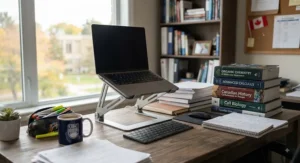 A sturdy laptop stand supporting a laptop on a desk surrounded by heavy university textbooks and notebooks.