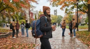 Student wearing a versatile backpack for university students amidst autumn leaves on a Canadian campus.