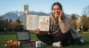 A happy Canadian university student holding their completed semester planner after finishing final exams.