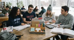 A sustainable, eco-friendly desk organizer holding essential student gear for CEGEP study groups in Canada.