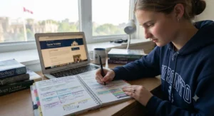 An incoming university student organizing study sessions and assignment deadlines in their academic planner.