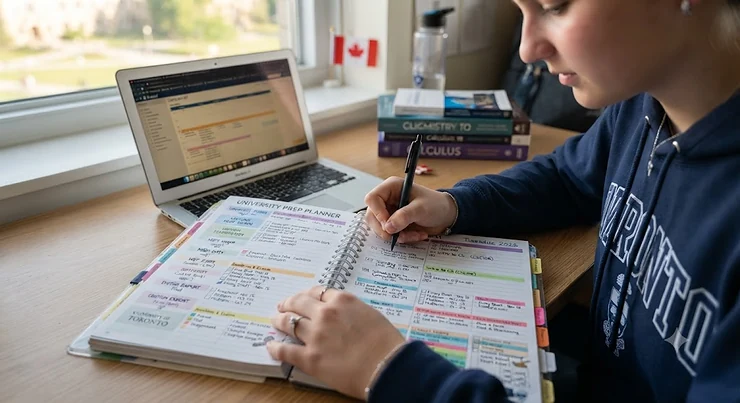 Close-up of a student mapping out university course schedules and deadlines in a daily planner.planner for high school graduates going to university