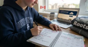 A student checking off items in a university preparation planner for moving into a Canadian campus dorm.