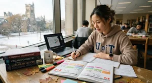 A student at a Canadian university library reviewing notes and updating their planner for upcoming exams.