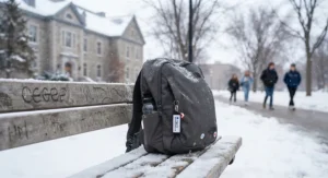 A waterproof backpack resting on a snowy campus bench during a typical winter day in Quebec.
