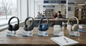 Selection of wireless noise-cancelling headphones laid out for students shopping on a budget for CEGEP library study gear.