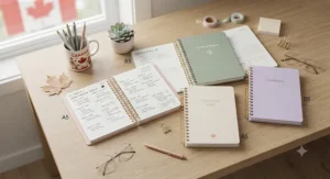 Minimalist aesthetic flat lay featuring pastel coil notebooks for planners, pens, and a coffee mug.