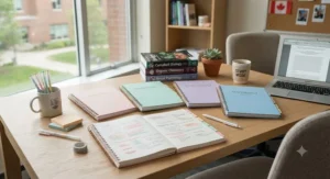 Aesthetic pastel-colored multi-subject notebooks for university students organized neatly on a wooden study desk.