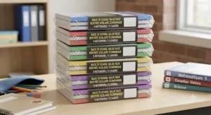 Stack of affordable notebook bundles designed for Canadian students preparing for the new school year.
