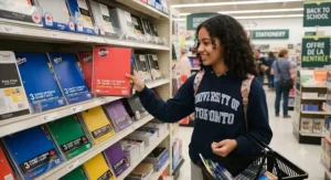 A teenager shopping for multi-subject notebooks for high school at a Canadian retail store aisle.