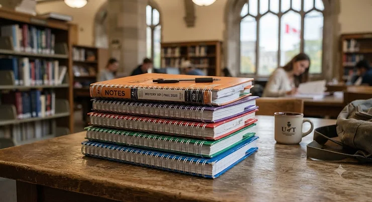 A colorful stack of multi-subject notebooks for university students on a desk in a Canadian campus library.