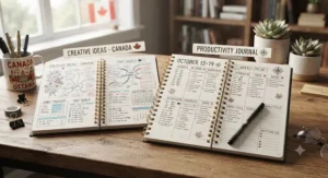 Open blank-page coil notebooks for planners displaying creative sketches and productivity tracker layouts.