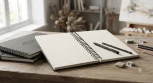 Blank pages ready for sketching inside artistic coil notebooks with hard cover.