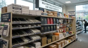 Shelves stocked with binding and printing supplies for thesis submission at a Canadian campus store.