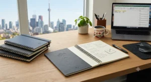 A neat stack of bulk wirebound notebooks for office use, organized for corporate stationery management.