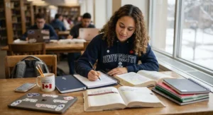 A Canadian college student studying with textbooks and durable coil notebooks with hard cover.