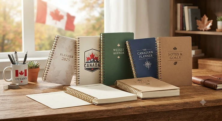 A collection of coil notebooks for planners arranged on a wooden desk with Canadian maple leaf decor.