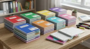 An assortment of brightly coloured multi-subject notebooks for high school students neatly stacked on a table.