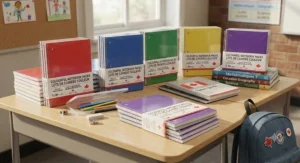 Colourful notebook packs arranged by subject for efficient school organisation in Canadian classrooms.
