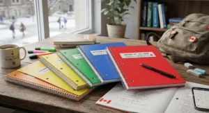 Bright, colourful spiral notebooks for Canadian students organizing class notes.
