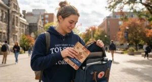 A lightweight multi-subject notebook for university students being slipped into a backpack for classes across Canada.