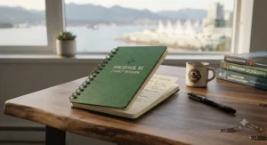 A compact single subject spiral notebook with a sturdy cover resting on a workspace in Vancouver.