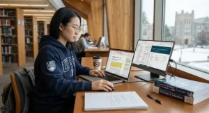 A student using a dual-screen portable monitor setup to analyze academic journals for Canadian graduate studies research.