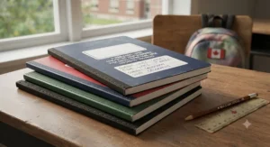 Wide ruled composition notebooks with durable soft covers designed to withstand daily use by Canadian students.