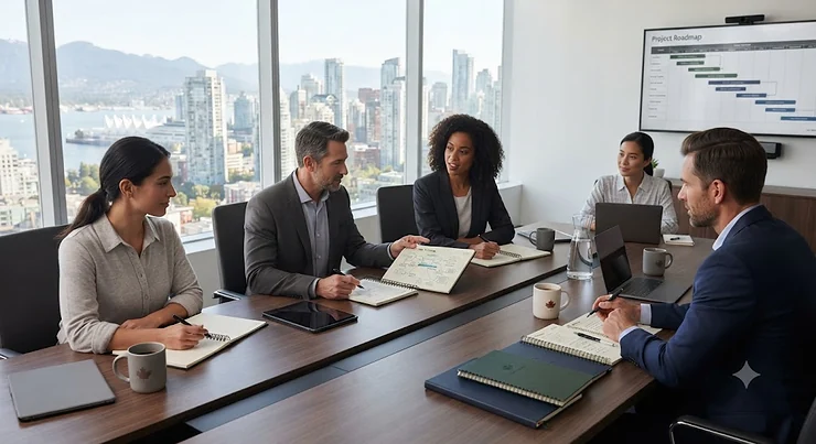 Corporate professionals in a Vancouver office reviewing notes in durable wirebound notebooks during a strategic team meeting.