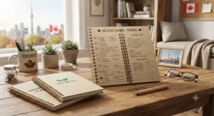 Sustainable recycled paper coil notebooks for planners resting on a cozy workspace in Toronto.