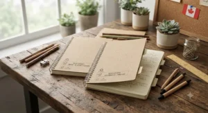 Recycled paper multi-subject notebooks for high school resting beside eco-friendly stationery supplies.