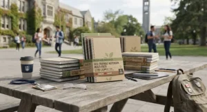Eco-friendly recycled notebook multi-packs on a campus table, ideal for Canadian university and college students.