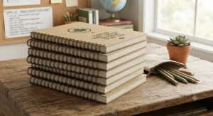 A stack of recycled paper single subject spiral notebooks suitable for school supplies across Canada.