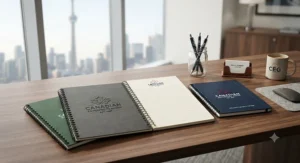Sustainable and recycled wirebound notebooks for office use, popular among eco-conscious Canadian businesses.
