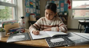 Young elementary student organizing notes in wide ruled composition notebooks for Canadian curriculum classes.