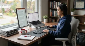 An ergonomic home office desk featuring a portable monitor for deep-dive graduate school research and thesis writing.