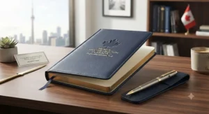 An executive-grade premium notebook and matching metal pen set, tailored for professional milestones and holiday gifting in Canada.