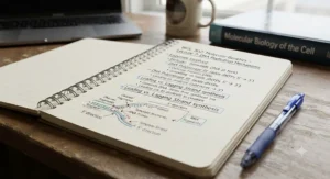 Close-up of neat handwritten lecture notes written in notebooks for university students.