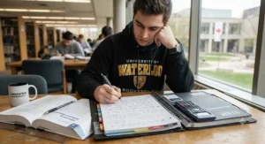 Grid-ruled multi-subject notebooks for university engineering and science students working on complex math equations.