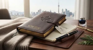 An elegant leather-bound journal gift set with a fountain pen, ideal for upscale gifting in Toronto and Vancouver.