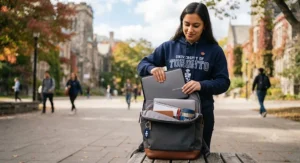 A lightweight portable monitor sliding easily into a backpack for a student commuting across a Canadian campus.