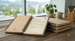 Close-up of clean lined pages inside high-quality wirebound notebooks for office use and daily journaling.