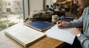 Lined spiral notebooks for university students taking lecture notes on a wooden desk.