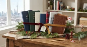 An assortment of premium notebooks arranged as a holiday gifting bundle, featuring Canadian-inspired cover designs.