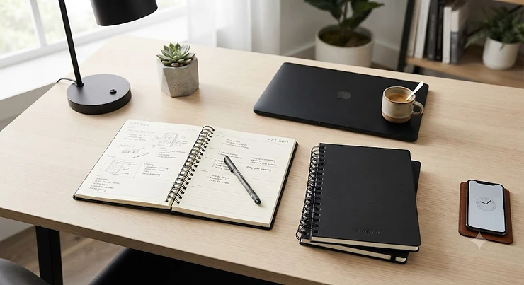 A sleek black desk setup featuring durable coil notebooks with hard cover ready for daily planning.
