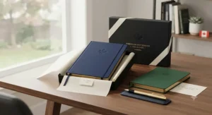 A minimalist hardcover notebook presented in a stylish gift box, a popular choice for graduation and holiday gifting in Canada.